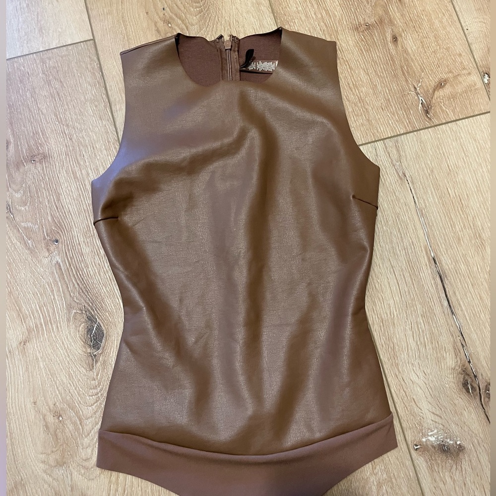 SKIMS Faux Leather Crew Neck Bodysuit - color: Jasper - size Small, never worn